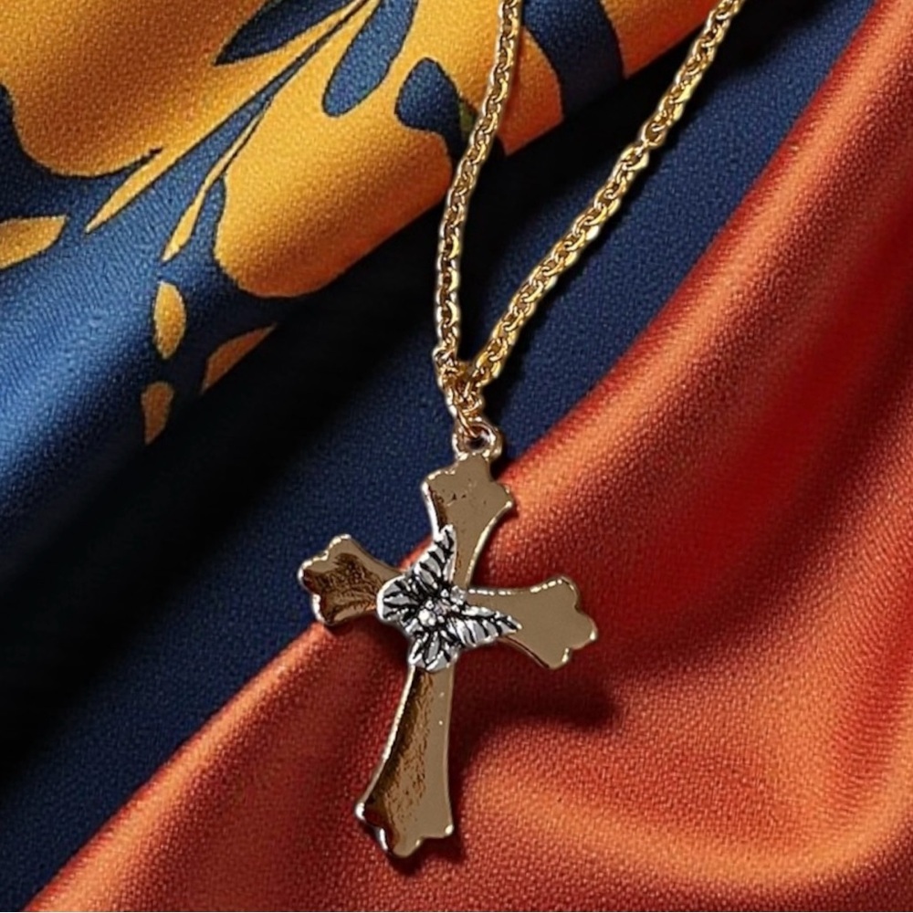 Gold and Silver Toned Cross and Butterfly Pendant Necklace - Picture 15 of 17